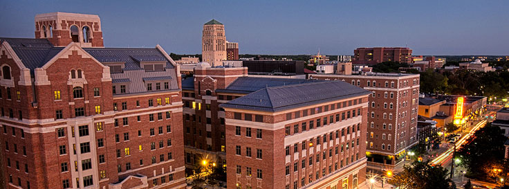 Overhead view of campus buildings