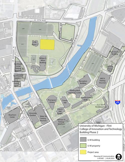 Area map that shows the approximate location of the Flint College of Innovation & Technology Building Phase 2