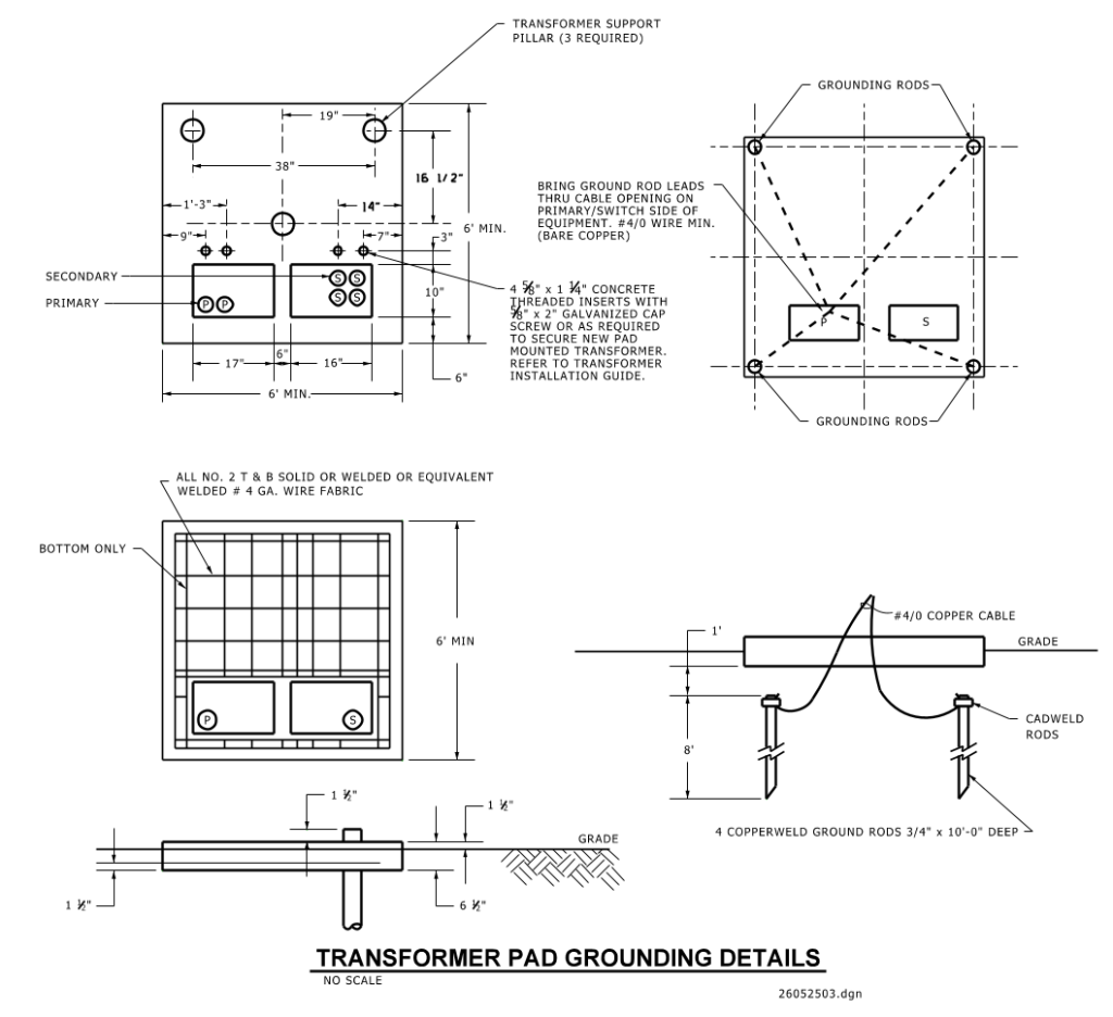 Technical drawing depicting transformer pad grounding details with measurements and specifications.