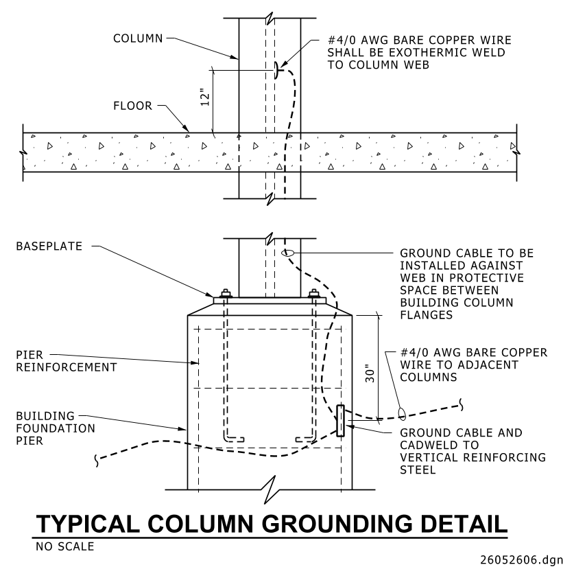 Technical drawing of a typical column grounding detail with dimensions and annotations.