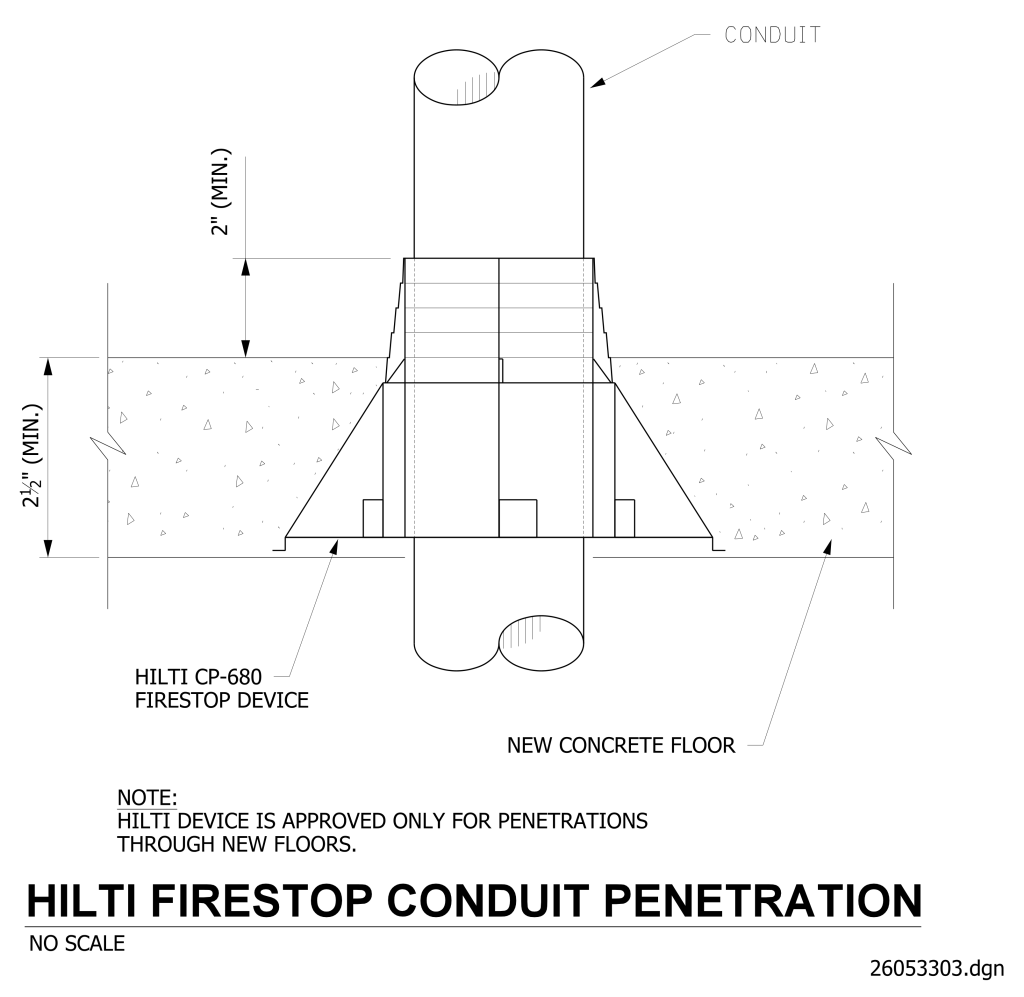 Technical drawing of a firestop conduit penetration using a Hilti CP-680 device through a new concrete floor.
