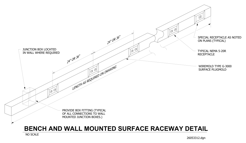 Technical drawing of a bench and wall-mounted surface raceway with electrical receptacles.