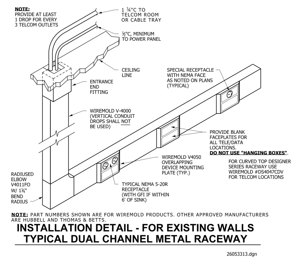 Technical diagram of dual channel metal raceway installation details for existing walls.
