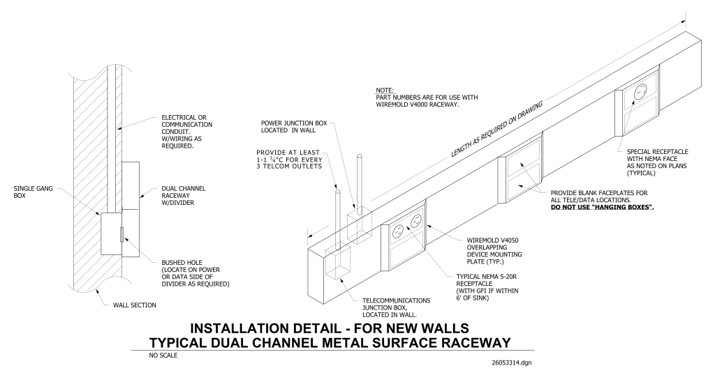 Illustration of installation details for a dual channel metal surface raceway in new walls.