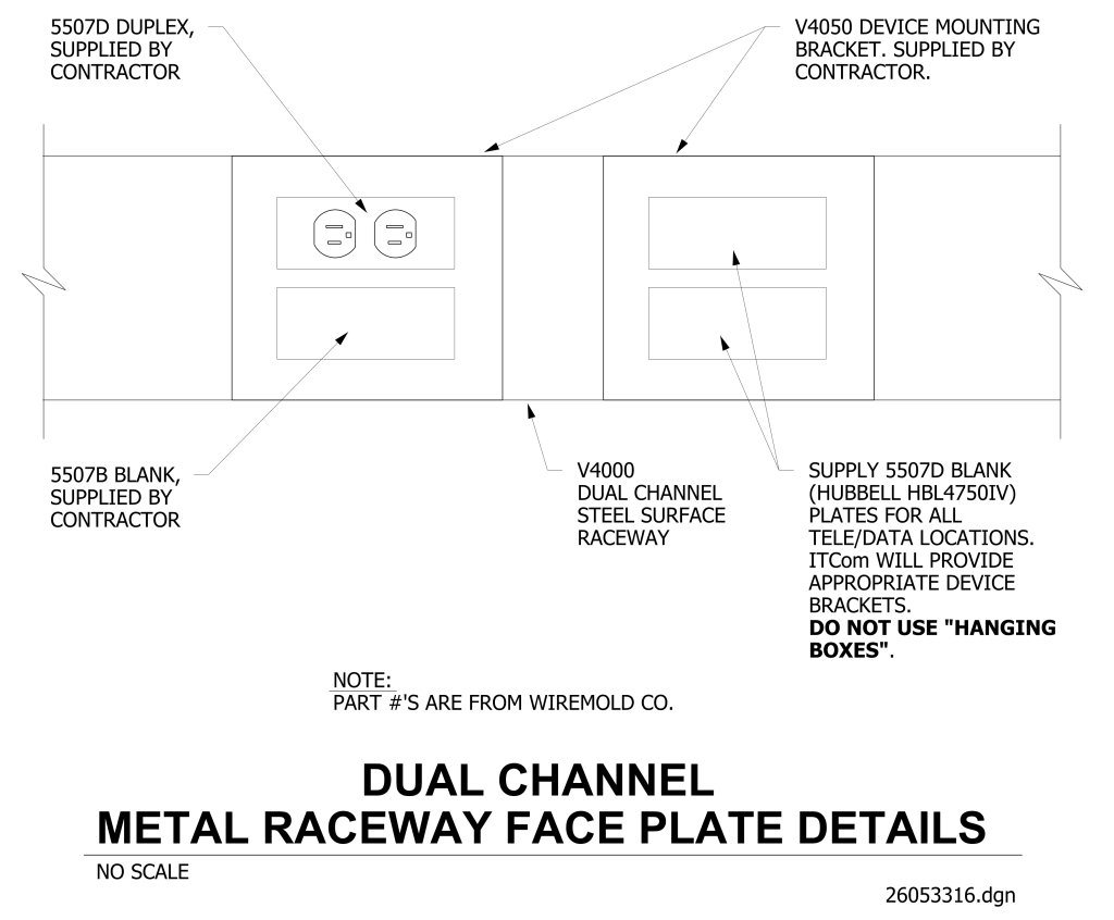 Technical drawing of a dual channel metal raceway face plate with detailed component labels.