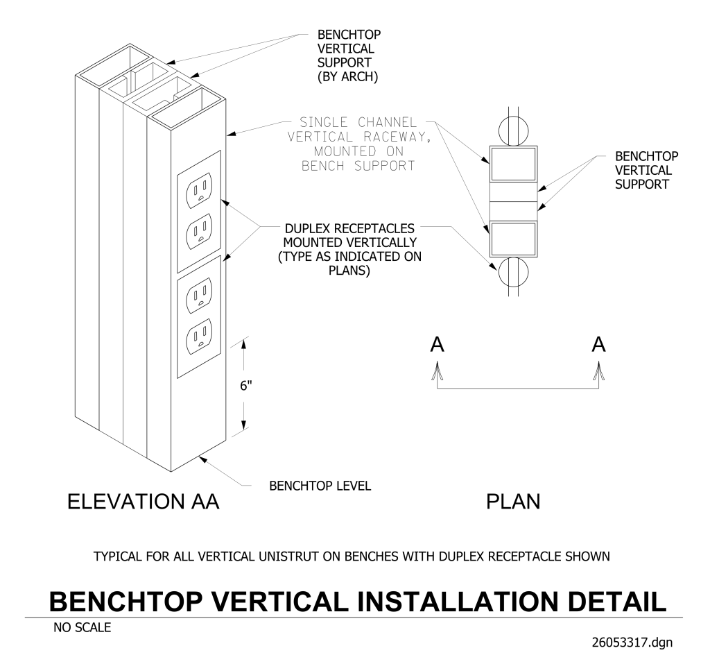 Architectural drawing of a benchtop vertical support with receptacles.