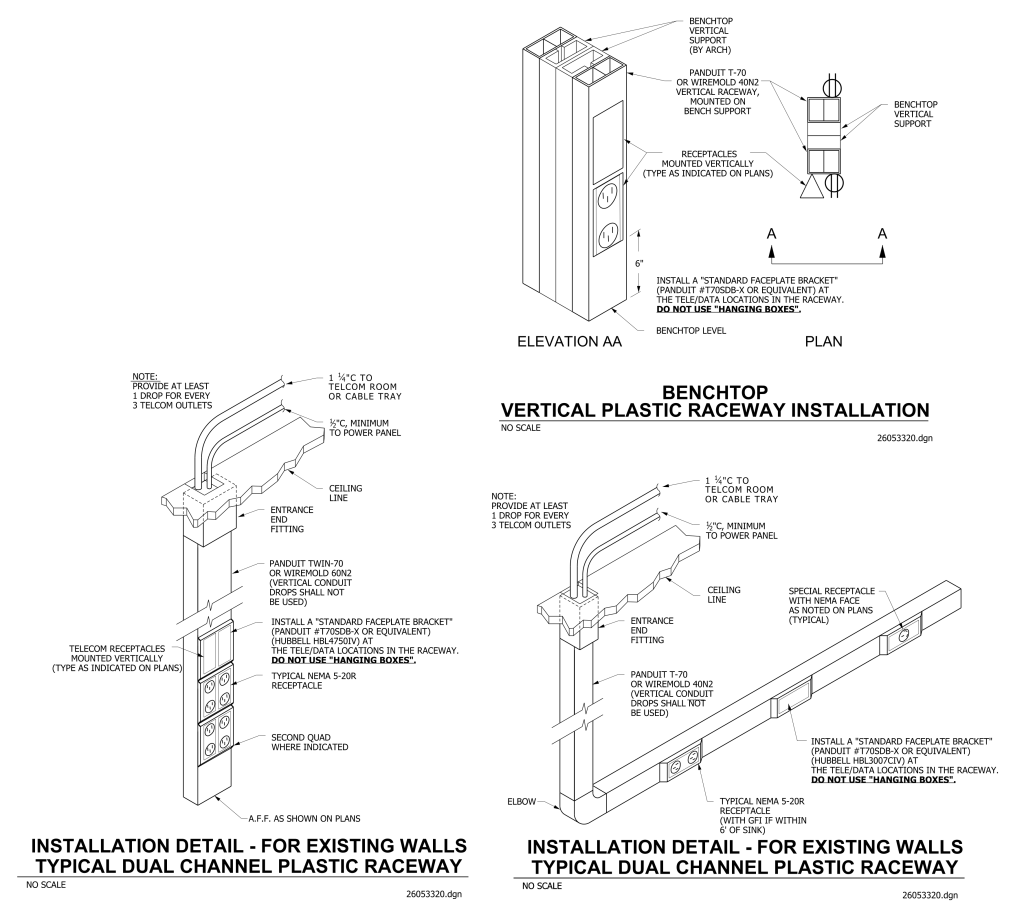 Technical drawings of vertical and horizontal plastic raceway installations for electrical outlets.