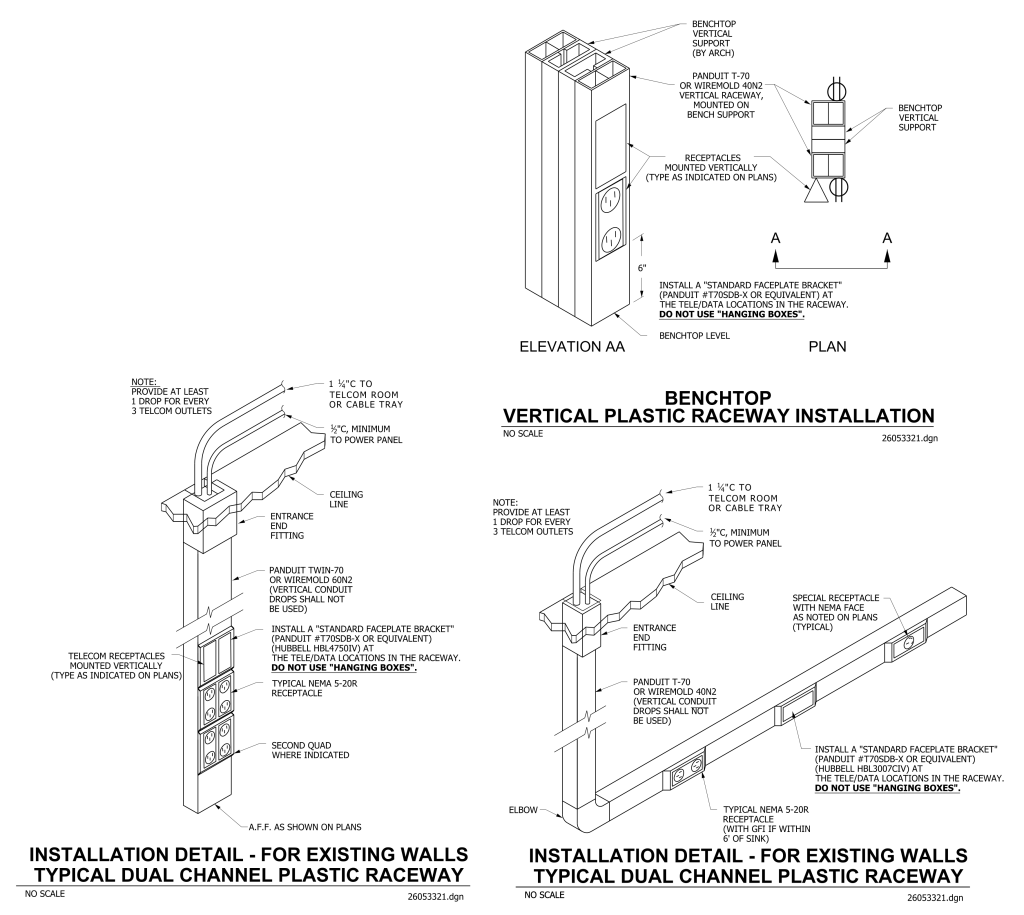 Technical drawing showing installation details of a vertical and horizontal plastic raceway system for telecom and power outlets.