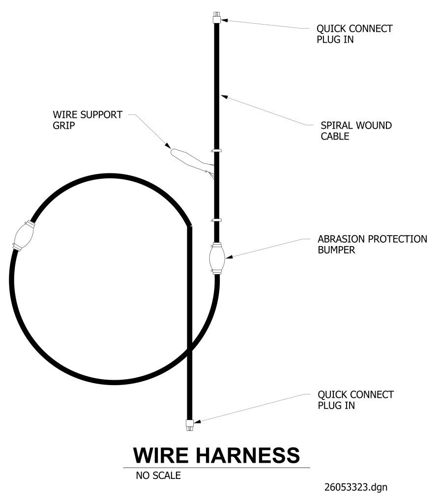 Technical drawing of a wire harness with a spiral wound cable, quick connect plug-ins, and an abrasion protection bumper.