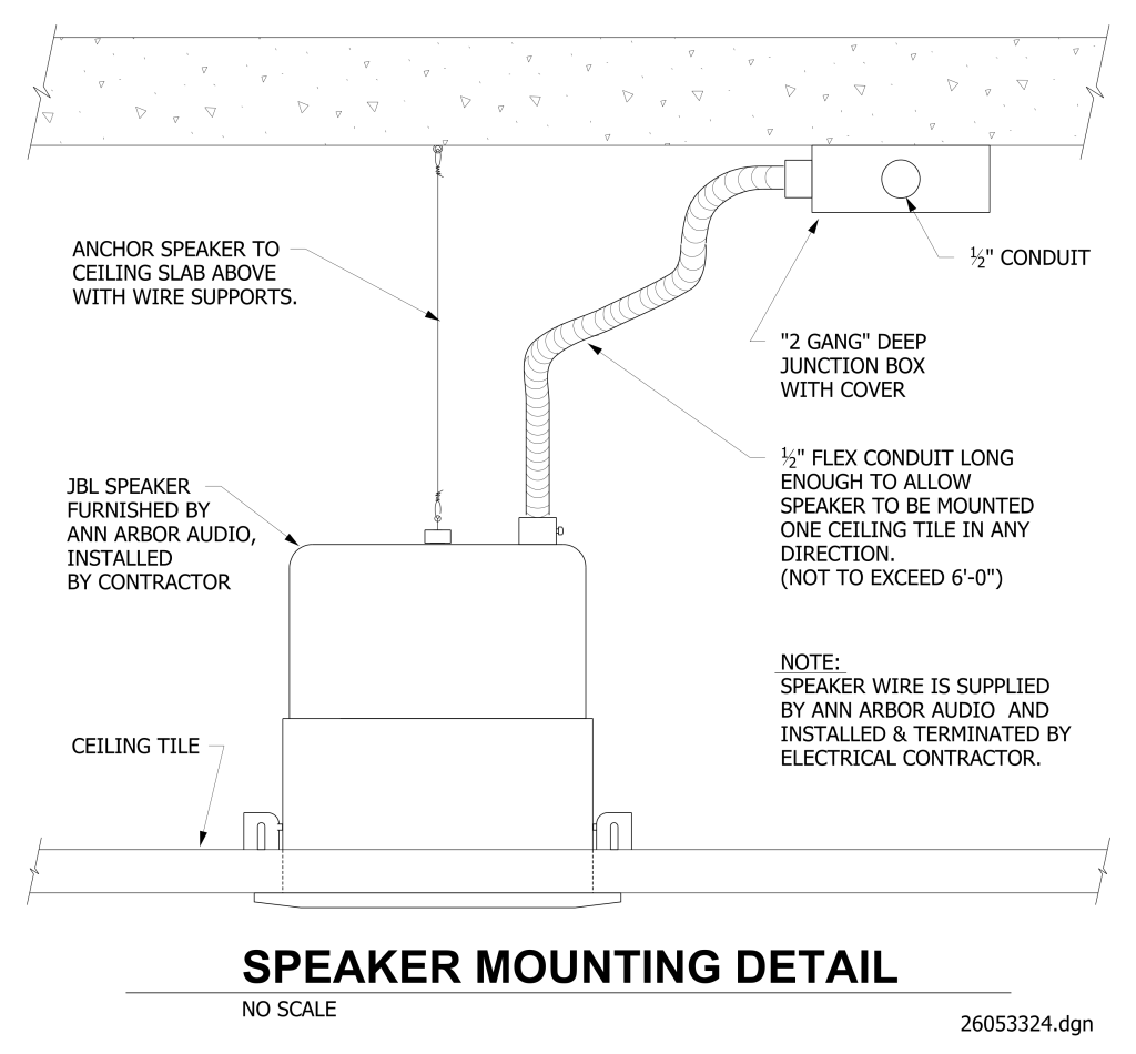 Technical drawing of speaker mounting detail with ceiling slab, speaker, and conduit connections.