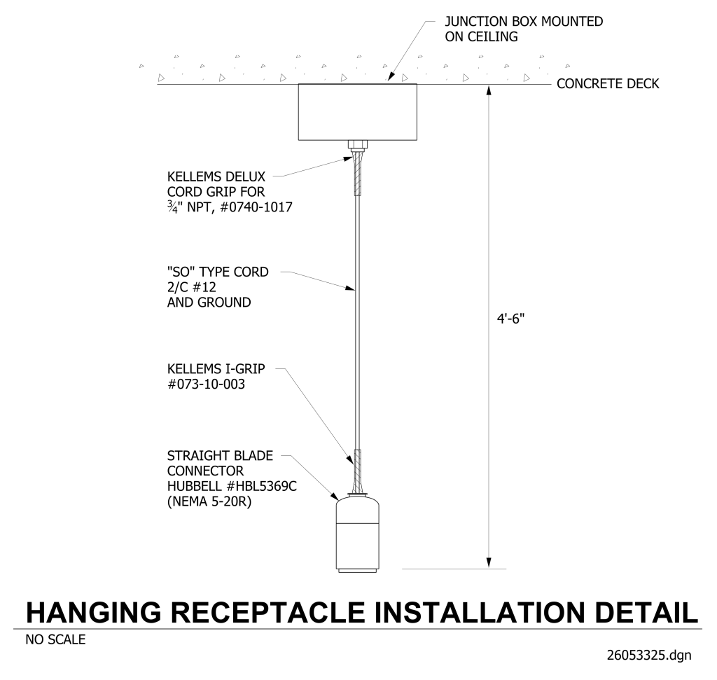 Technical drawing of a hanging receptacle installation detail with labeled components.