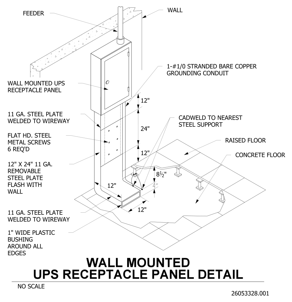 Technical drawing of wall-mounted UPS receptacle panel detail with labeled components and measurements.
