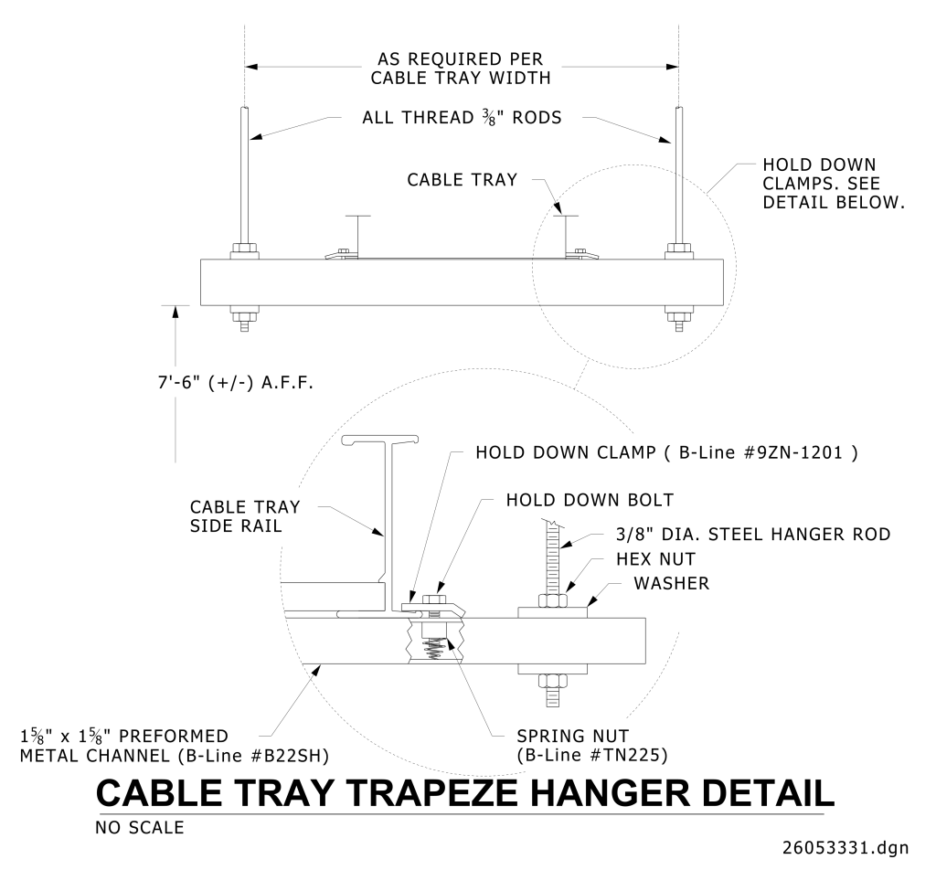 Technical drawing of a cable tray trapeze hanger with labeled components including threaded rods, clamps, and a metal channel.