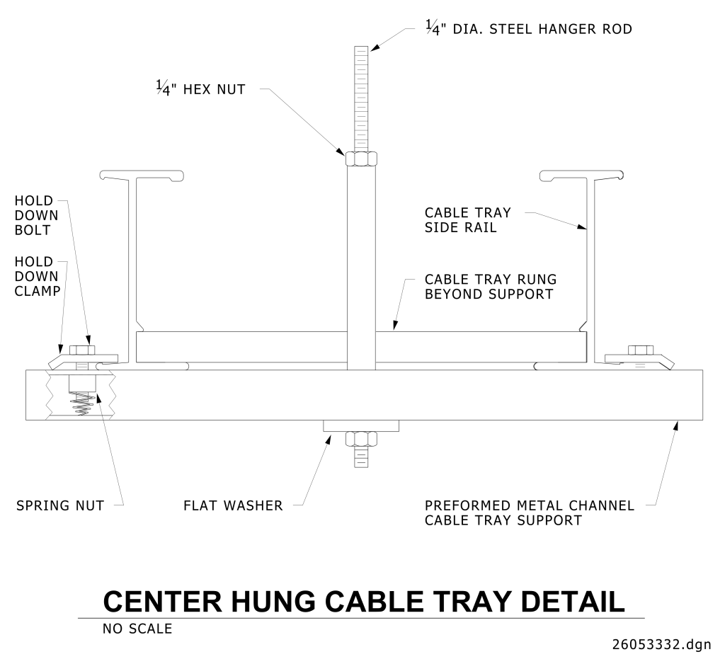 Technical drawing of a center-hung cable tray system with labeled components.