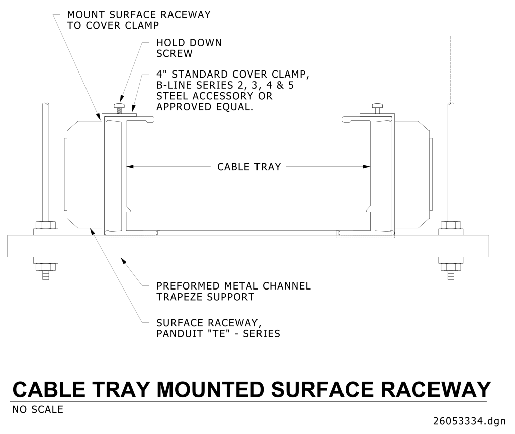 Technical drawing of a cable tray mounted onto a surface raceway.