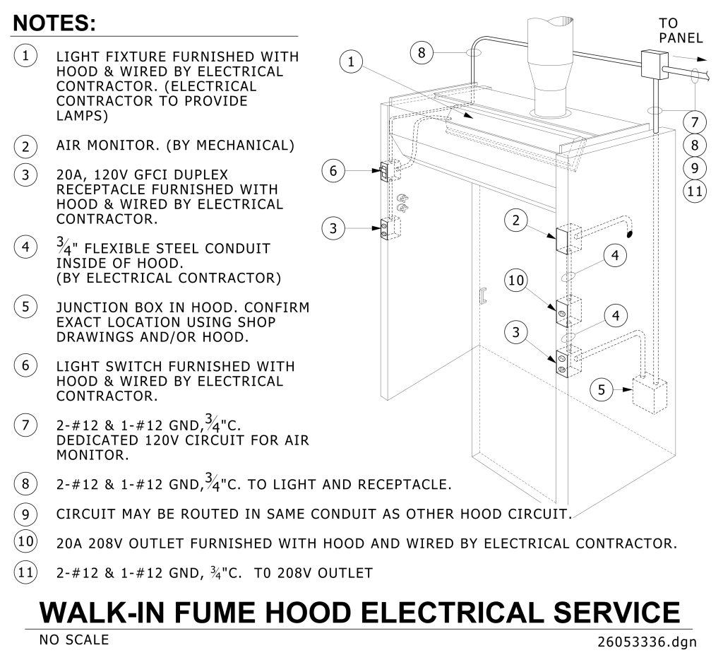 Diagram of a walk-in fume hood electrical service with noted components and wiring guidelines.