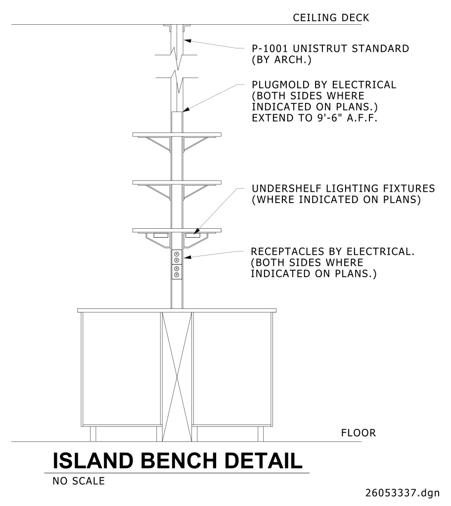 Technical illustration of island bench detail with electrical, shelving, and lighting components.