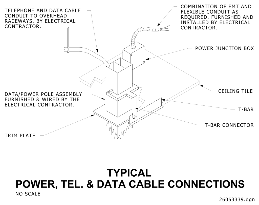 Diagram of power, telephone, and data cable connections with labeled components like power junction box, conduit, and data/power pole assembly.