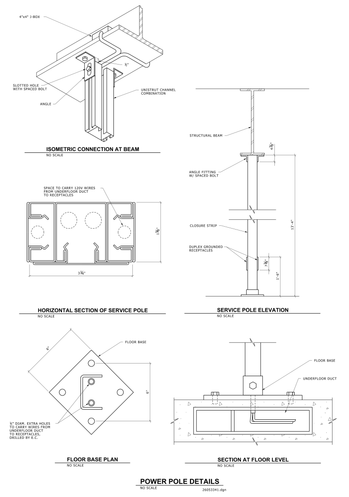 Technical drawings showing power pole details, including beam connection, service pole section, and floor base plan.