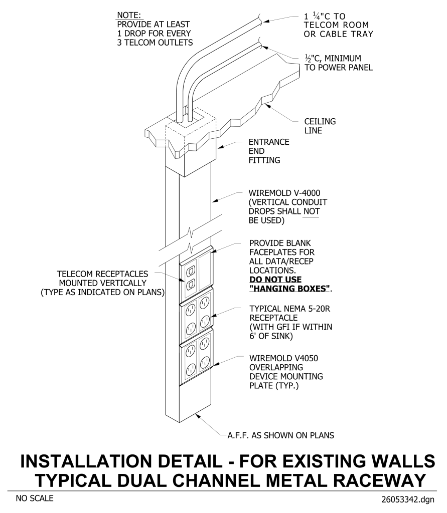 Technical drawing of a dual channel metal raceway for telecom and power outlets on existing walls.