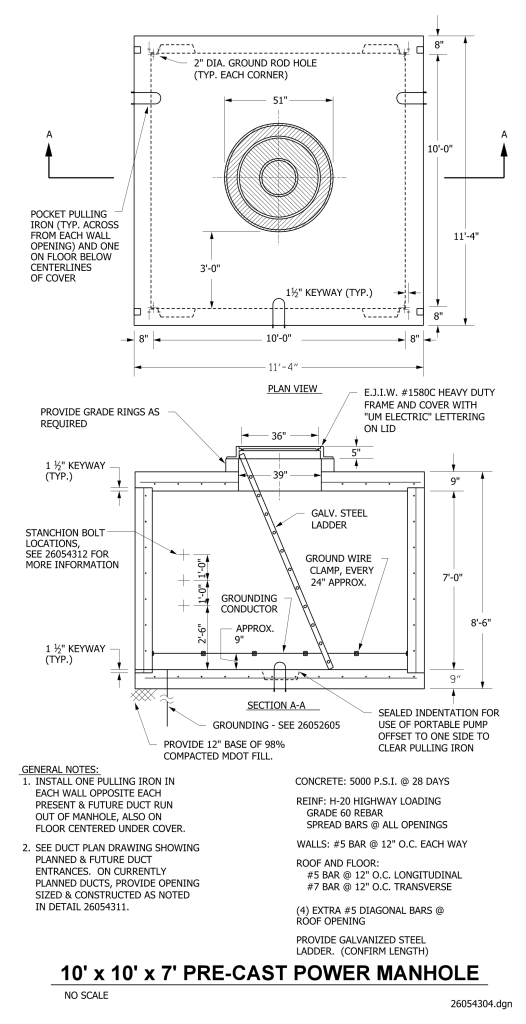 Engineering drawing of a pre-cast power manhole with plan and section views illustrating dimensions and structural details.