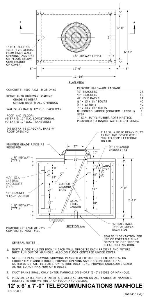 Technical drawing of a 12' x 6' telecommunications manhole with plan and section views.
