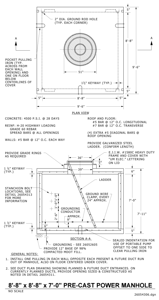 Technical drawing of a pre-cast power manhole with plan and sectional views, including dimensions and construction specifications.