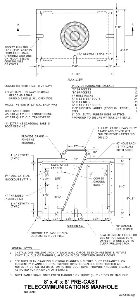 Engineering drawing of a pre-cast telecommunications manhole with detailed plan and section views highlighting dimensions, materials, and features.