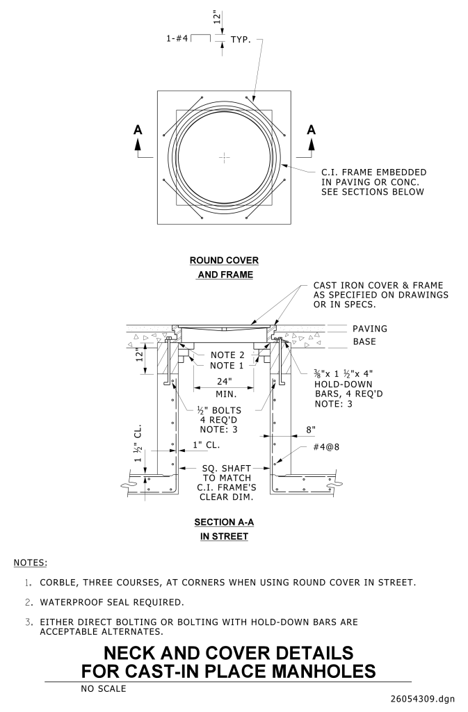 Technical drawing of neck and cover details for a cast-in-place manhole.