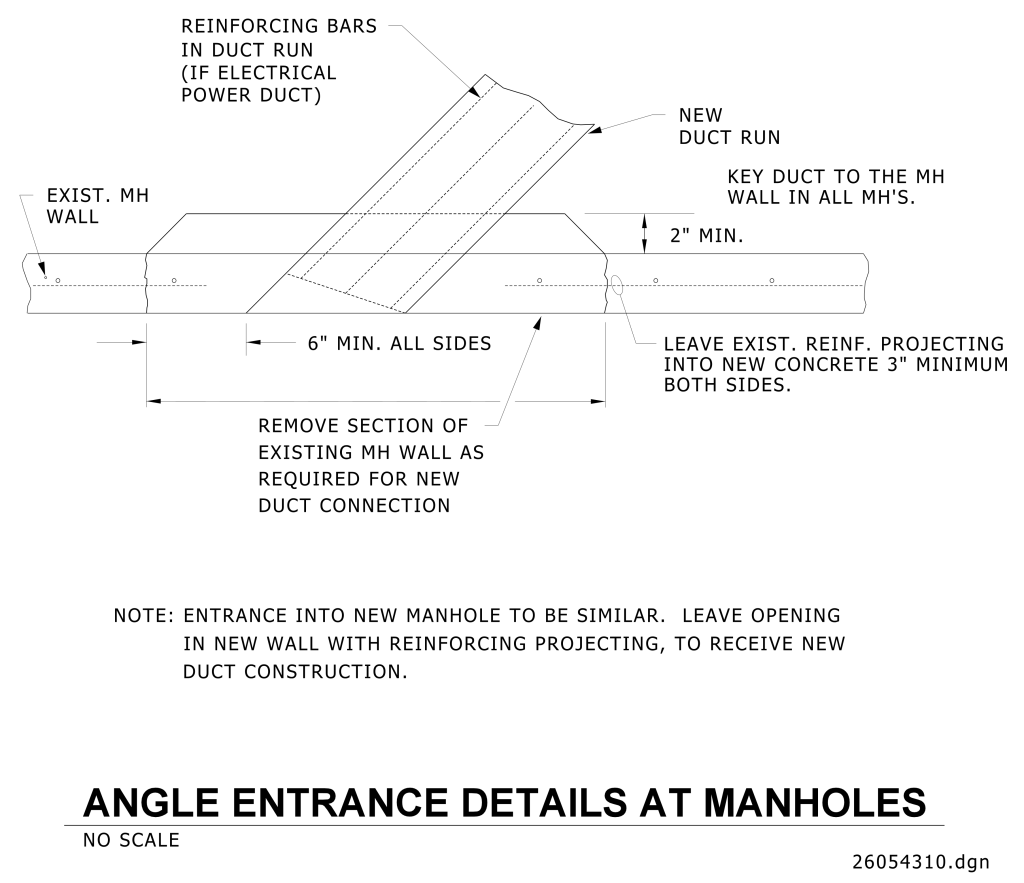 Technical drawing of angle entrance details for ducts into manholes.