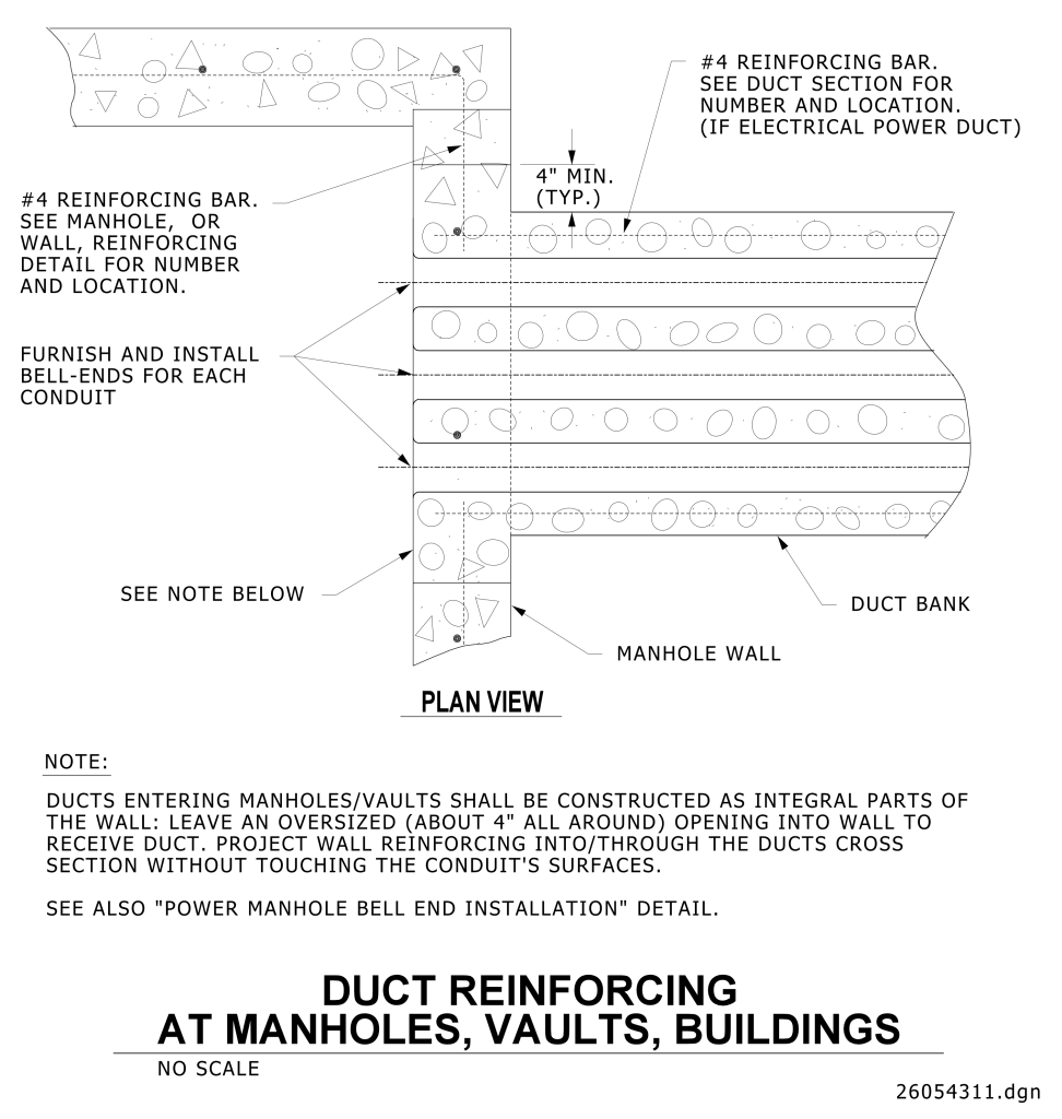 Technical drawing of duct reinforcement at manholes and vaults, showing plan view of a duct bank and manhole wall with annotations.