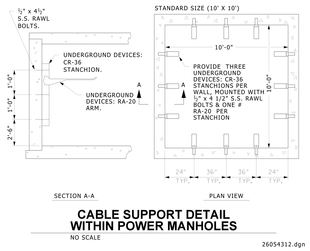 Technical drawing depicting cable support detail for power manholes with sectional and plan views.