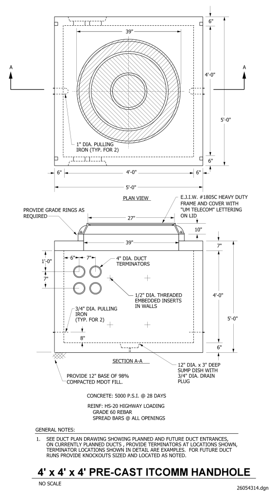 Technical drawing of a 4' x 4' x 4' pre-cast ITCOMM handhole with plan and sectional views, showing various dimensions and features like pulling irons and duct terminators.