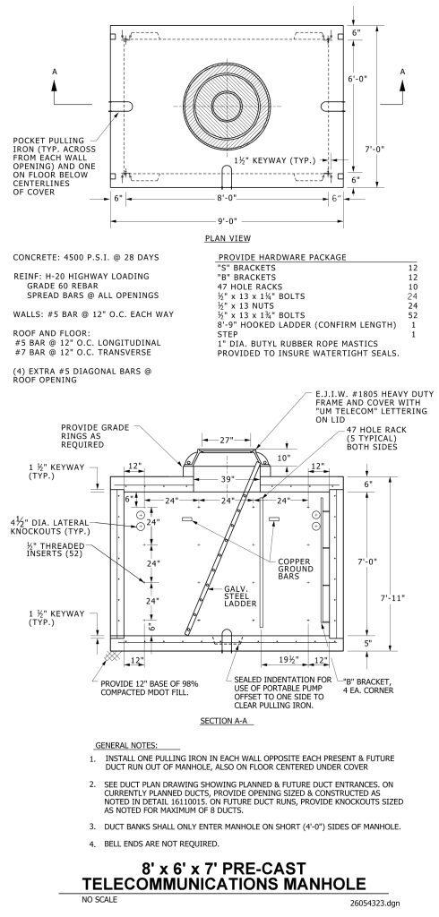 Construction schematic of a telecommunications manhole with plan and section views, showing details and dimensions.