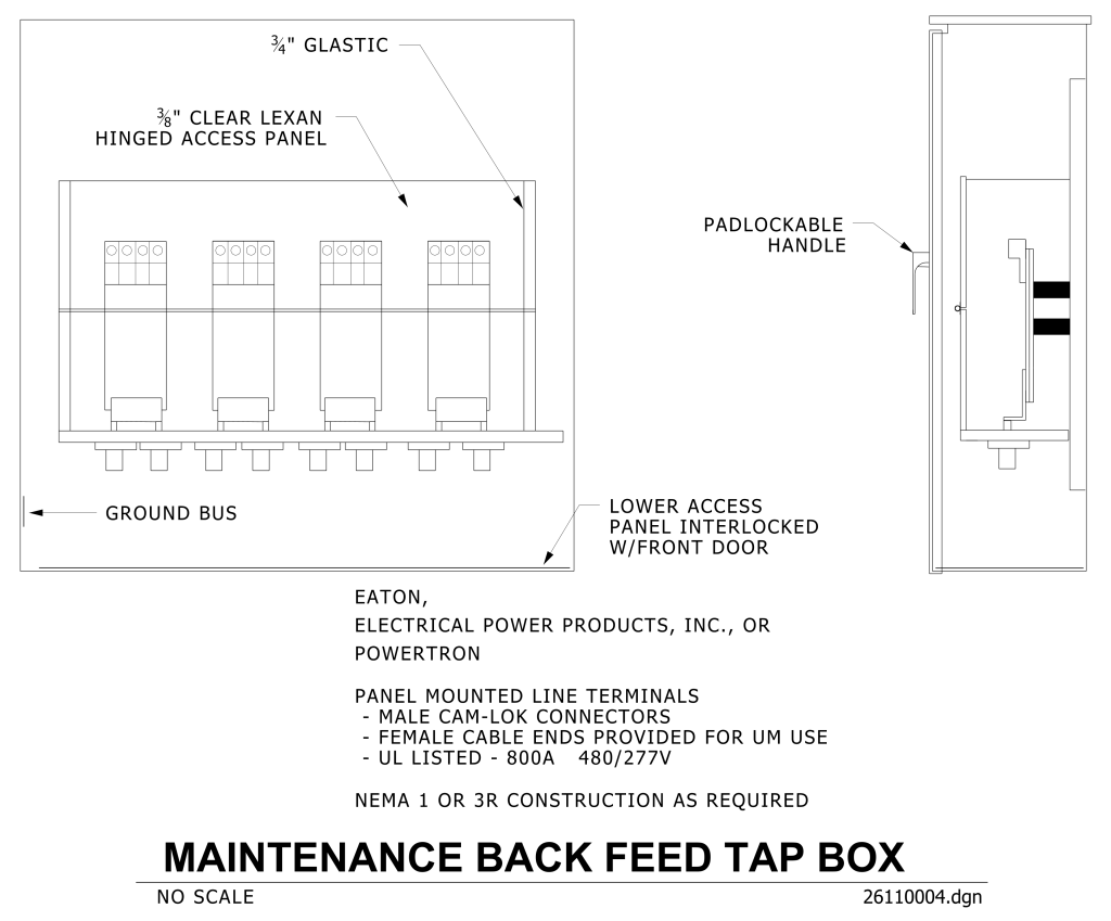 Technical drawing of a maintenance back feed tap box with labeled components and materials.