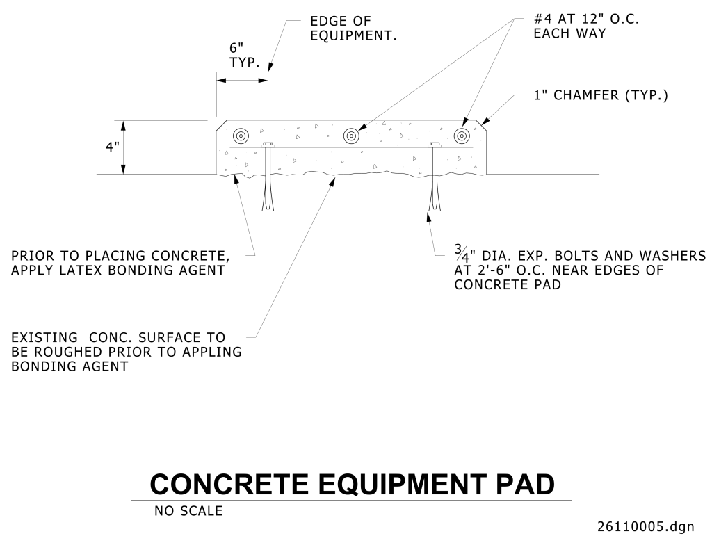 Technical drawing of a concrete equipment pad with measurements and annotations.