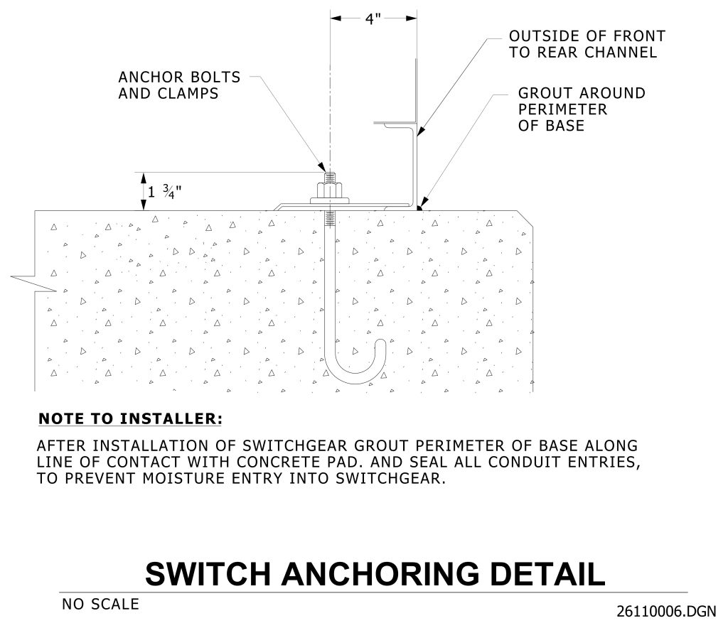 Technical drawing of a switch anchoring detail, showing anchor bolts, clamps, and grout.