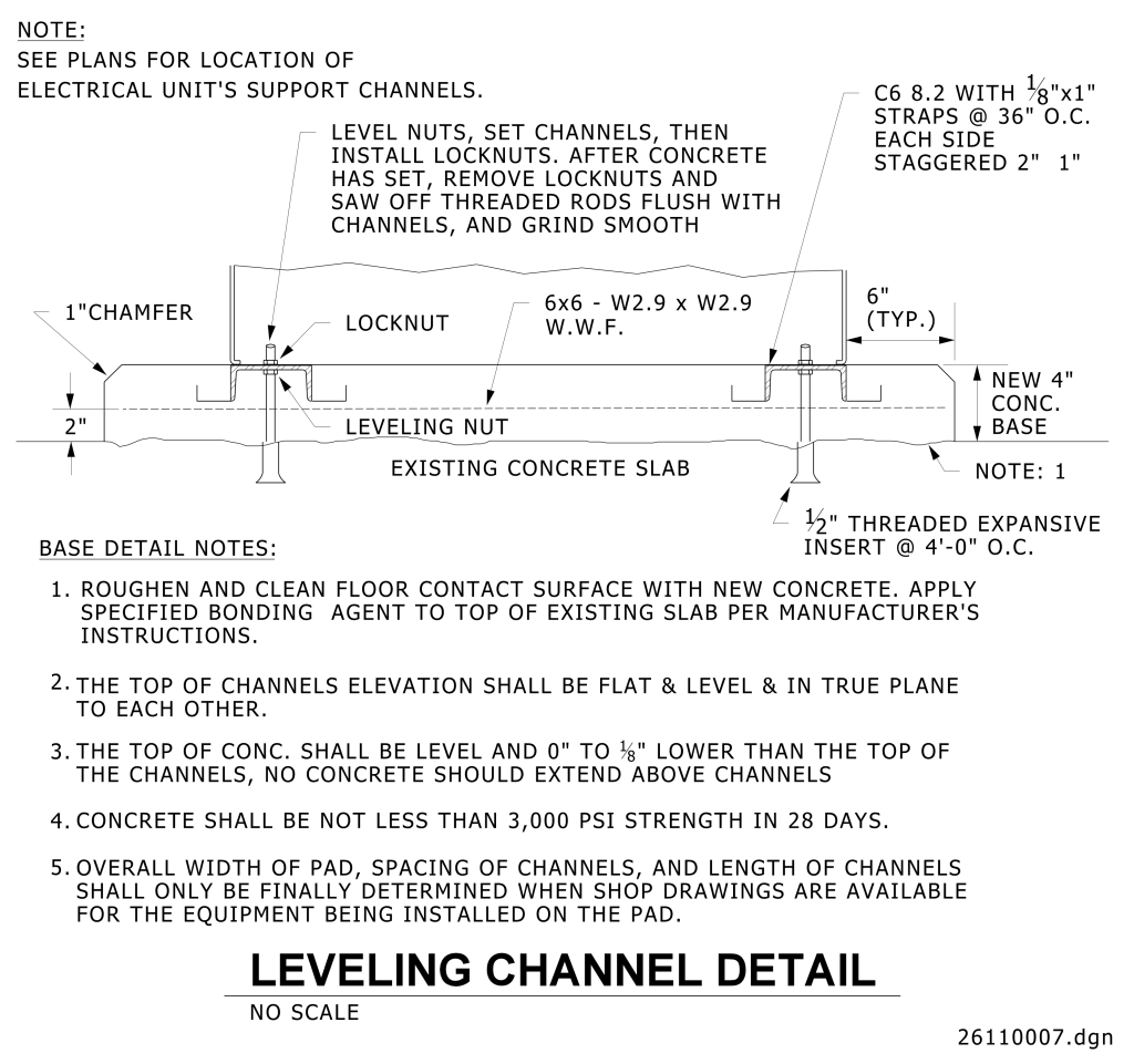Technical drawing of a leveling channel detail for an electrical unit's support on a concrete base.