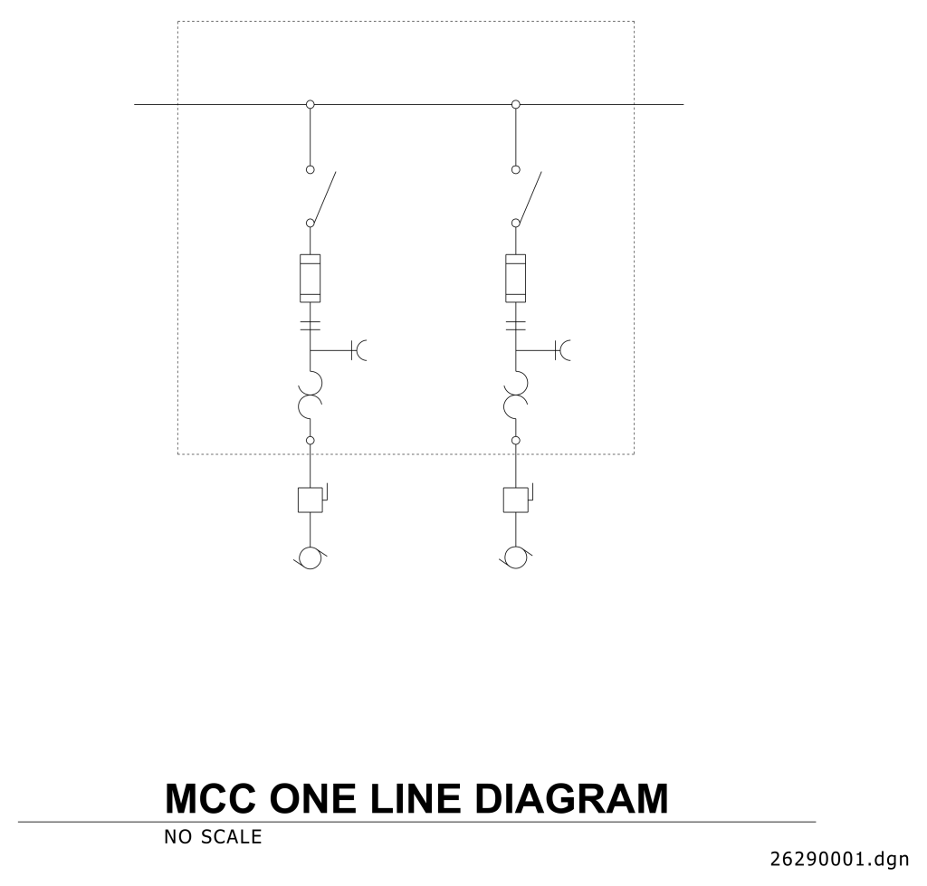 Diagram titled "MCC One Line Diagram" showing two identical electrical circuits with symbols for switches, transformers, and breakers.