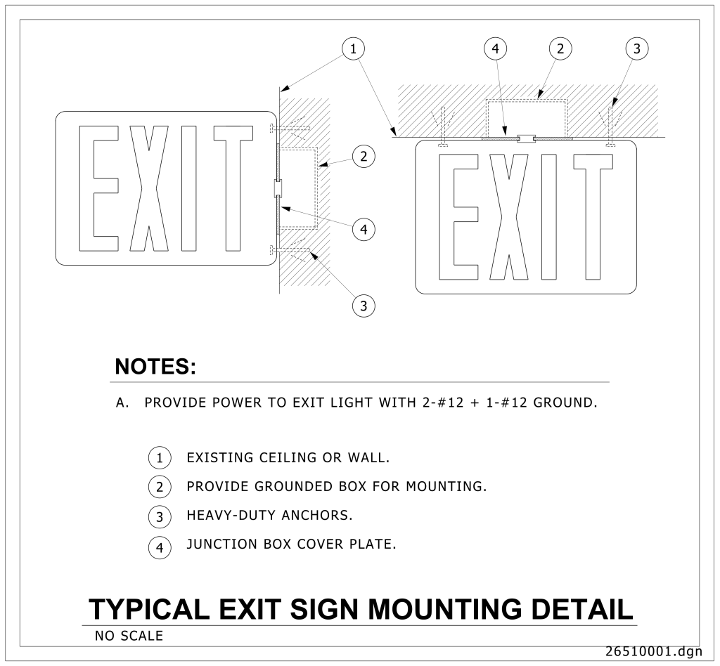 Technical diagram of typical exit sign mounting detail showing wall and ceiling installations.