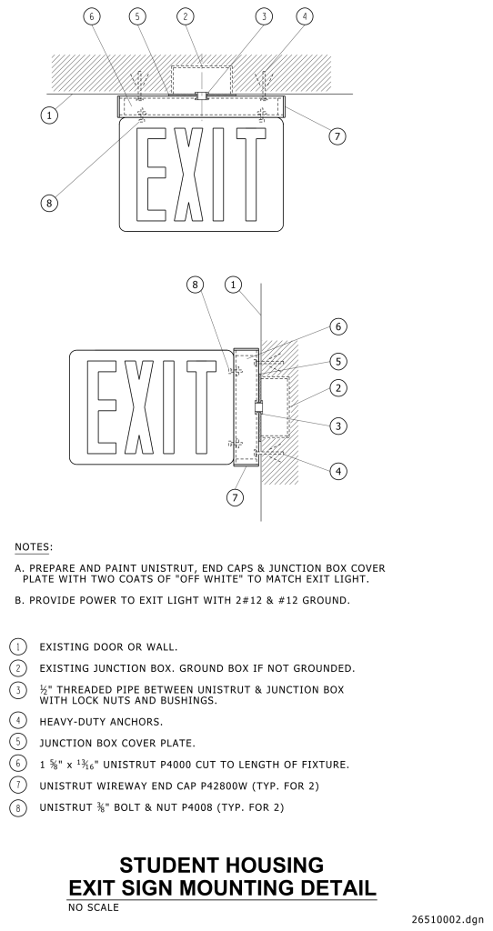 Technical diagram of an "EXIT" sign mounting detail with front and side views.