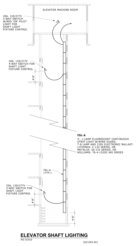 Technical diagram of elevator shaft lighting with switches and specifications.