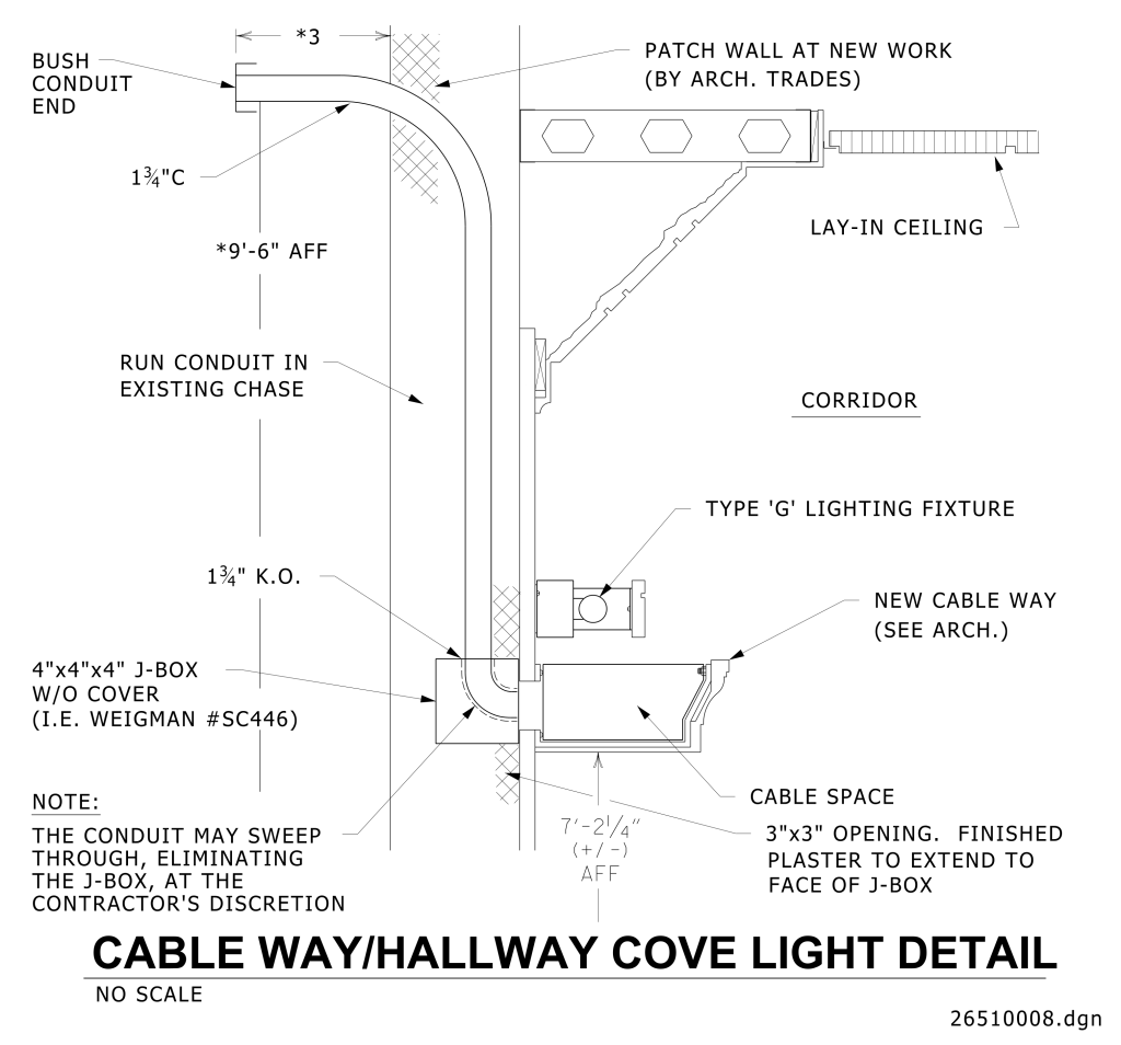 Technical diagram of a cable way and hallway cove light detail.