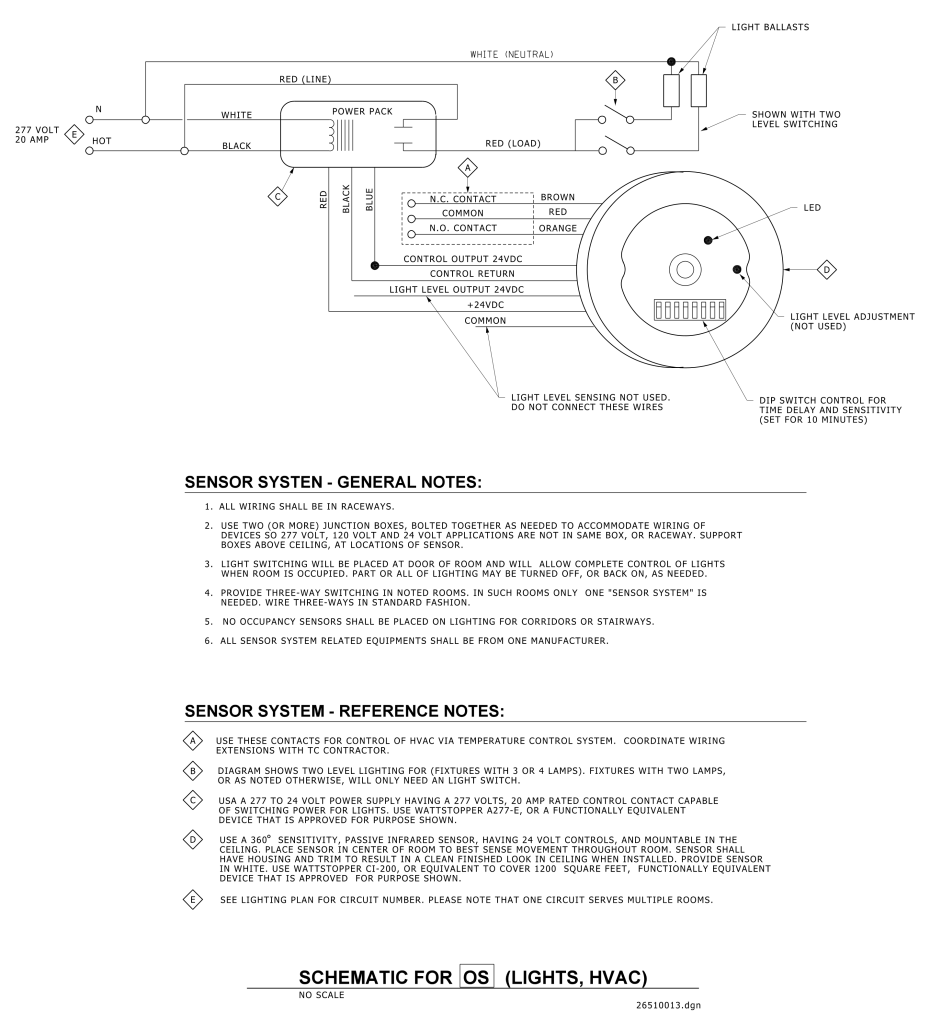 Wiring diagram for light and HVAC system, featuring a circuit with power pack, connections, and sensor system with guidelines.