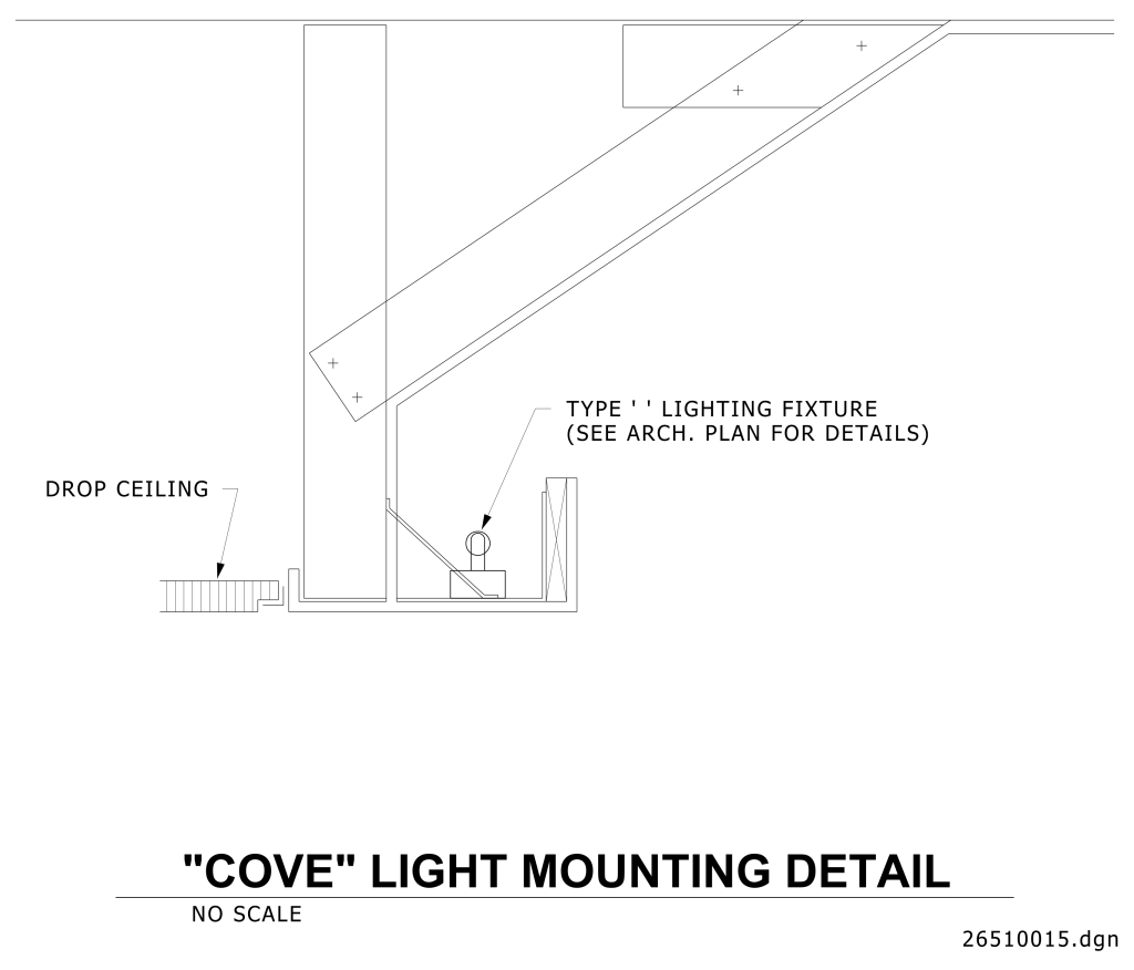 Technical drawing of a cove light mounting detail with a drop ceiling and lighting fixture.