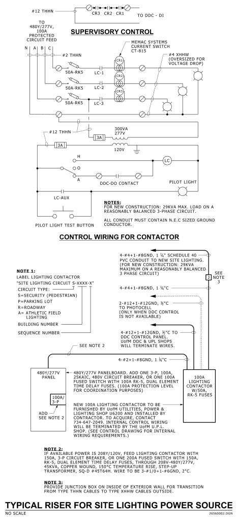 Technical schematic diagram of a site lighting power source riser with labeled components and notes.