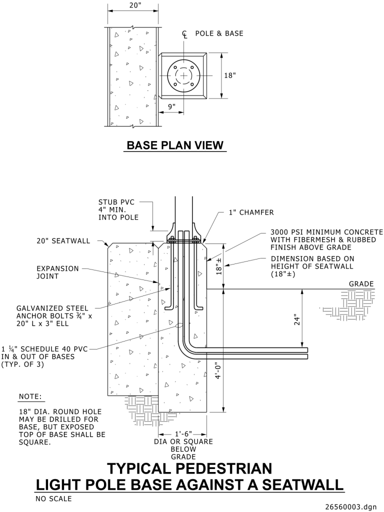 Technical drawing of a pedestrian light pole base against a seat wall with dimensions and construction specifications.