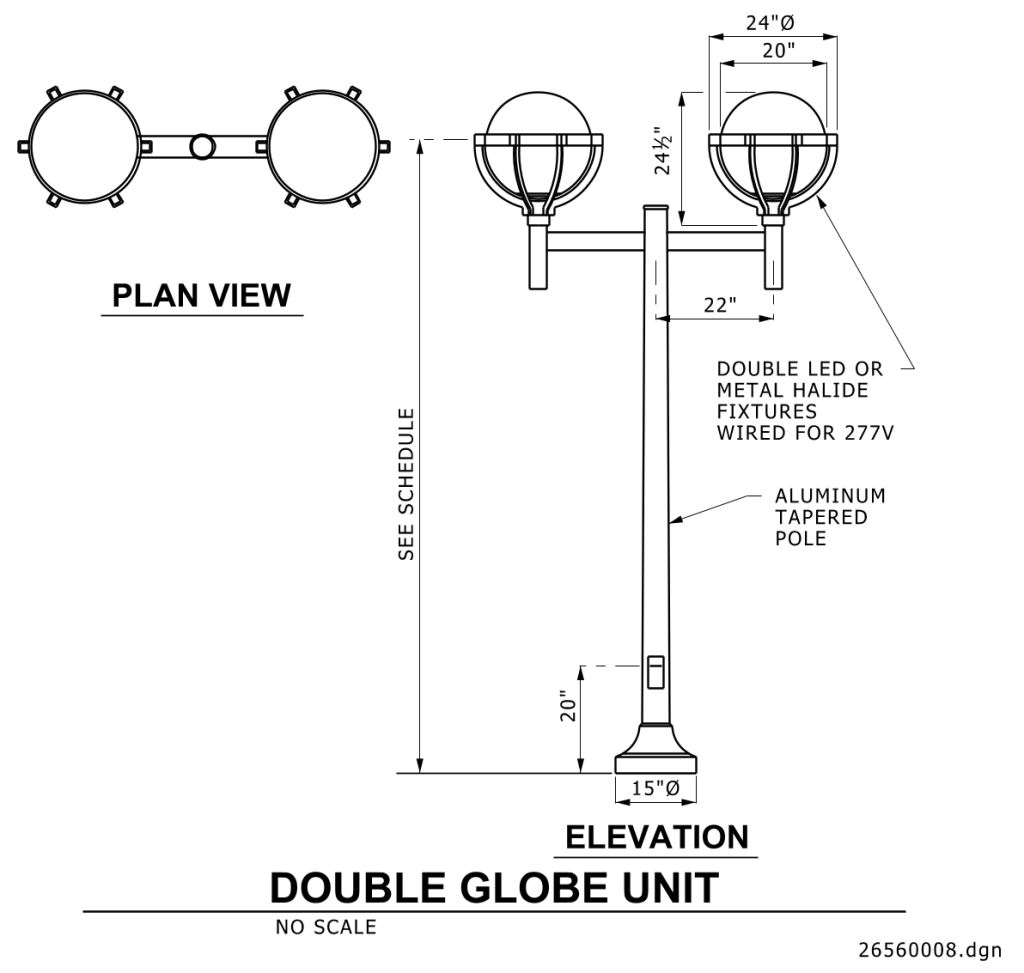 Technical drawing of a double globe light fixture in plan and elevation views.