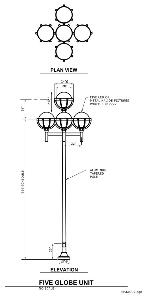 Technical drawing of a five-globe light fixture with plan and elevation views displaying measurements and specifications.