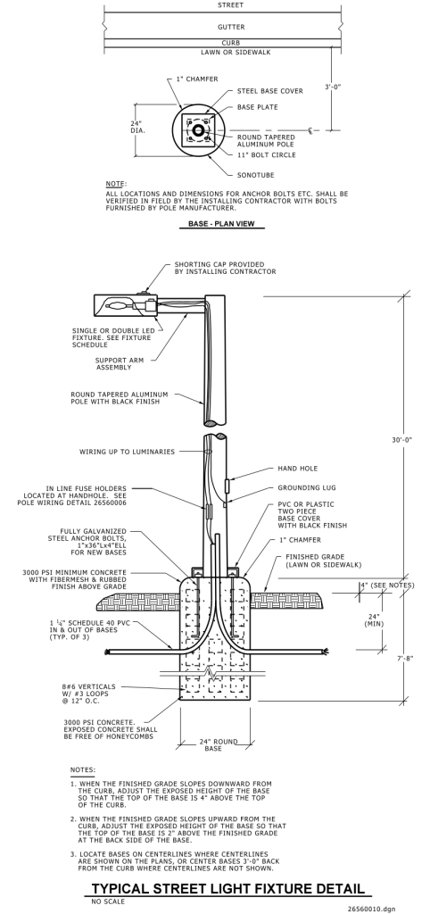 Diagram of a typical street light fixture with detailed components and measurements.